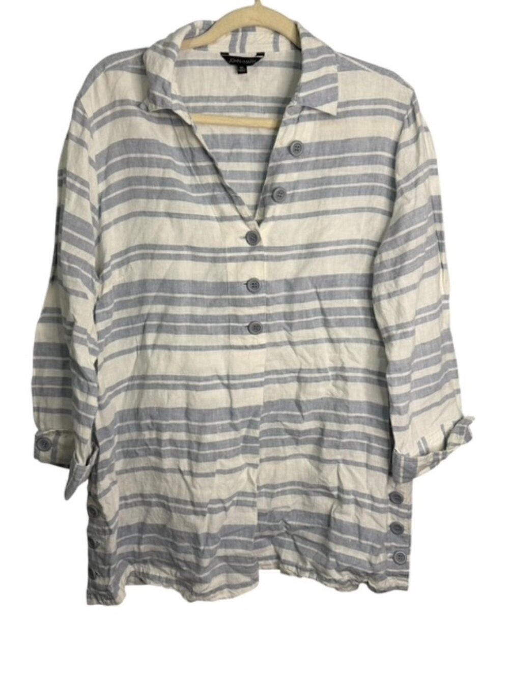 John Mark Blouse Women's XL Linen Stripes Artsy Office Button Down Blue White